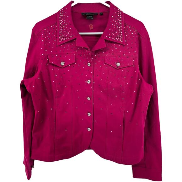 Vintage Christine Alexander Jean Jacket Swarovski Crystals Button Up Pink Large - Picture 1 of 4